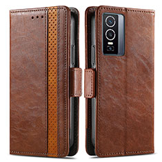 Leather Case Stands Flip Cover Holder S02D for Vivo Y76 5G Brown