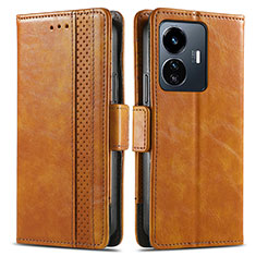 Leather Case Stands Flip Cover Holder S02D for Vivo Y77e 5G Light Brown