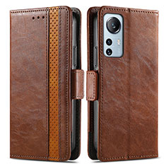 Leather Case Stands Flip Cover Holder S02D for Xiaomi Mi 12 Pro 5G Brown
