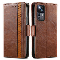 Leather Case Stands Flip Cover Holder S02D for Xiaomi Mi 12T Pro 5G Brown