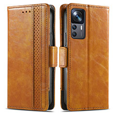 Leather Case Stands Flip Cover Holder S02D for Xiaomi Mi 12T Pro 5G Light Brown