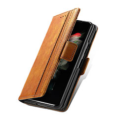 Leather Case Stands Flip Cover Holder S03D for Samsung Galaxy Z Fold3 5G Light Brown