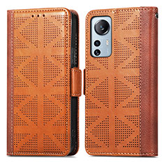 Leather Case Stands Flip Cover Holder S03D for Xiaomi Mi 12 5G Brown