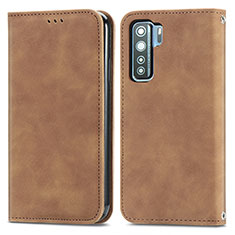 Leather Case Stands Flip Cover Holder S04D for Huawei Nova 7 SE 5G Brown