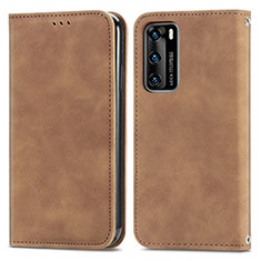 Leather Case Stands Flip Cover Holder S04D for Huawei P40 Brown