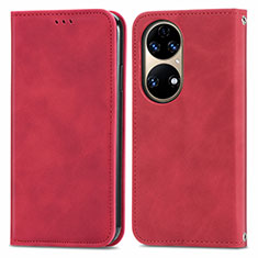 Leather Case Stands Flip Cover Holder S04D for Huawei P50 Pro Red