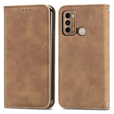 Leather Case Stands Flip Cover Holder S04D for Motorola Moto G60 Brown