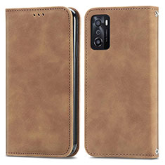 Leather Case Stands Flip Cover Holder S04D for Oppo A55S 5G Brown