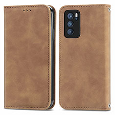 Leather Case Stands Flip Cover Holder S04D for Oppo Reno6 Pro 5G India Brown