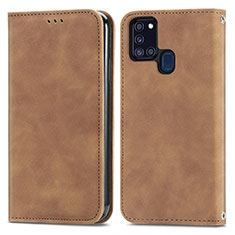 Leather Case Stands Flip Cover Holder S04D for Samsung Galaxy A21s Brown