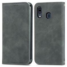 Leather Case Stands Flip Cover Holder S04D for Samsung Galaxy A30 Gray