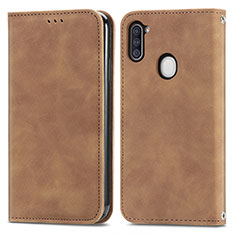 Leather Case Stands Flip Cover Holder S04D for Samsung Galaxy M11 Brown