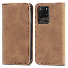 Leather Case Stands Flip Cover Holder S04D for Samsung Galaxy S20 Ultra 5G Brown