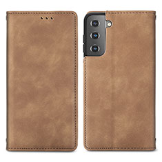 Leather Case Stands Flip Cover Holder S04D for Samsung Galaxy S21 Plus 5G Brown
