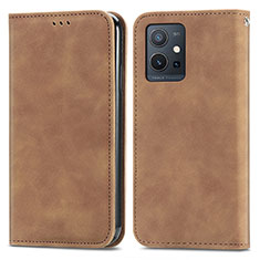 Leather Case Stands Flip Cover Holder S04D for Vivo T1 5G India Brown