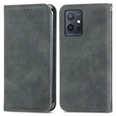 Leather Case Stands Flip Cover Holder S04D for Vivo T1 5G India Gray