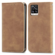 Leather Case Stands Flip Cover Holder S04D for Vivo V20 (2021) Brown