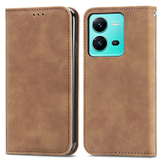 Leather Case Stands Flip Cover Holder S04D for Vivo V25 5G Brown