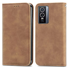 Leather Case Stands Flip Cover Holder S04D for Vivo Y76 5G Brown