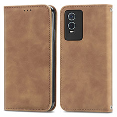 Leather Case Stands Flip Cover Holder S04D for Vivo Y76s 5G Brown