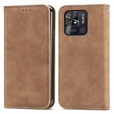 Leather Case Stands Flip Cover Holder S04D for Xiaomi Redmi 10C 4G Brown