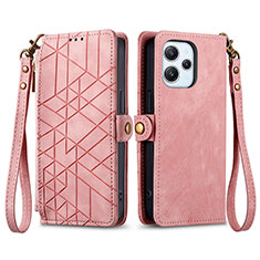 Leather Case Stands Flip Cover Holder S04D for Xiaomi Redmi 12 4G Rose Gold