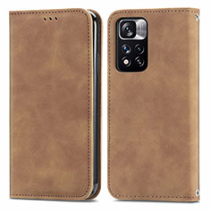 Leather Case Stands Flip Cover Holder S04D for Xiaomi Redmi Note 11 Pro+ Plus 5G Brown