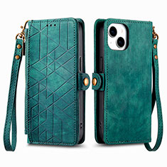 Leather Case Stands Flip Cover Holder S05D for Apple iPhone 15 Plus Green