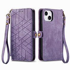 Leather Case Stands Flip Cover Holder S05D for Apple iPhone 15 Plus Purple
