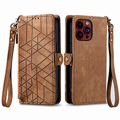 Leather Case Stands Flip Cover Holder S05D for Apple iPhone 15 Pro Brown