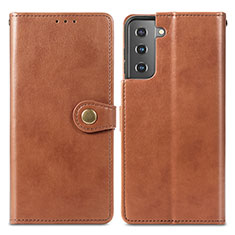 Leather Case Stands Flip Cover Holder S05D for Samsung Galaxy S21 Plus 5G Brown