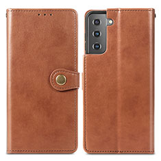 Leather Case Stands Flip Cover Holder S05D for Samsung Galaxy S22 5G Brown