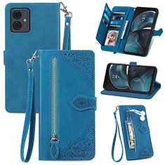 Leather Case Stands Flip Cover Holder S06D for Motorola Moto G14 Blue