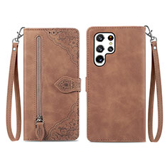 Leather Case Stands Flip Cover Holder S06D for Samsung Galaxy S22 Ultra 5G Brown