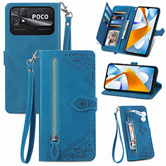 Leather Case Stands Flip Cover Holder S06D for Xiaomi Poco C40 Blue