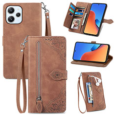 Leather Case Stands Flip Cover Holder S06D for Xiaomi Redmi 12 4G Brown