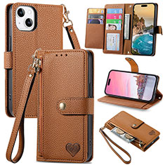 Leather Case Stands Flip Cover Holder S07D for Apple iPhone 14 Brown