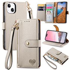 Leather Case Stands Flip Cover Holder S07D for Apple iPhone 14 Gray