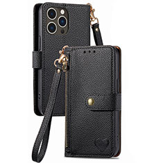 Leather Case Stands Flip Cover Holder S07D for Apple iPhone 15 Pro Black
