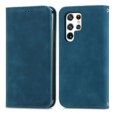 Leather Case Stands Flip Cover Holder S07D for Samsung Galaxy S23 Ultra 5G Blue