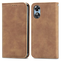 Leather Case Stands Flip Cover Holder S08D for Oppo A17 Brown