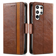 Leather Case Stands Flip Cover Holder S10D for Samsung Galaxy S22 Ultra 5G Brown