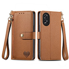 Leather Case Stands Flip Cover Holder S15D for Oppo A18 Brown