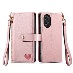 Leather Case Stands Flip Cover Holder S15D for Oppo A58 4G Pink