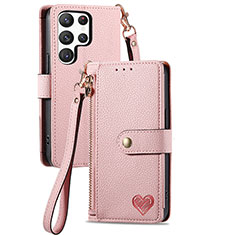 Leather Case Stands Flip Cover Holder S15D for Samsung Galaxy S22 Ultra 5G Pink