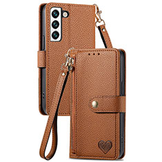 Leather Case Stands Flip Cover Holder S16D for Samsung Galaxy S22 5G Brown
