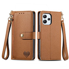 Leather Case Stands Flip Cover Holder S16D for Xiaomi Redmi 12 4G Brown