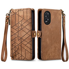 Leather Case Stands Flip Cover Holder S17D for Oppo A18 Brown