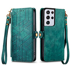 Leather Case Stands Flip Cover Holder S17D for Samsung Galaxy S22 Ultra 5G Green