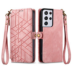 Leather Case Stands Flip Cover Holder S17D for Samsung Galaxy S22 Ultra 5G Pink